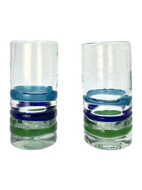 Vintage Handblown Mexico Shot Liqueur Art Glasses Blue Green Swirl Set of 2